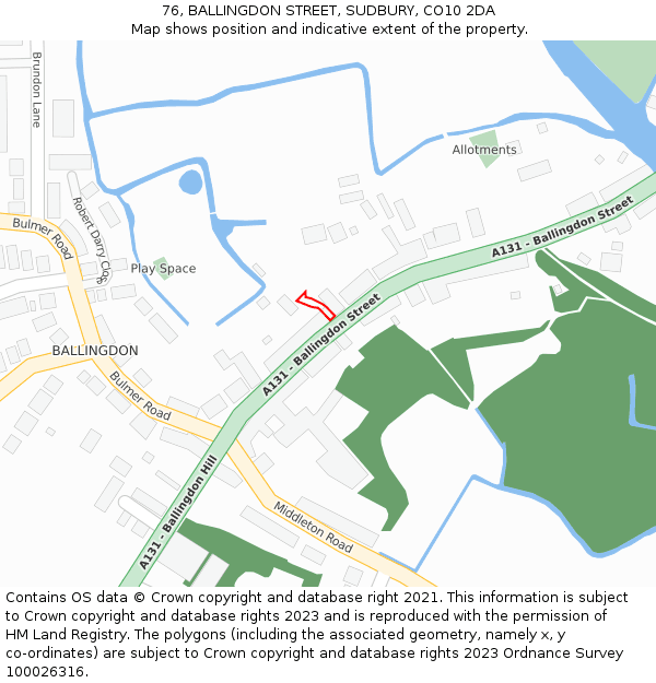 76, BALLINGDON STREET, SUDBURY, CO10 2DA: Location map and indicative extent of plot