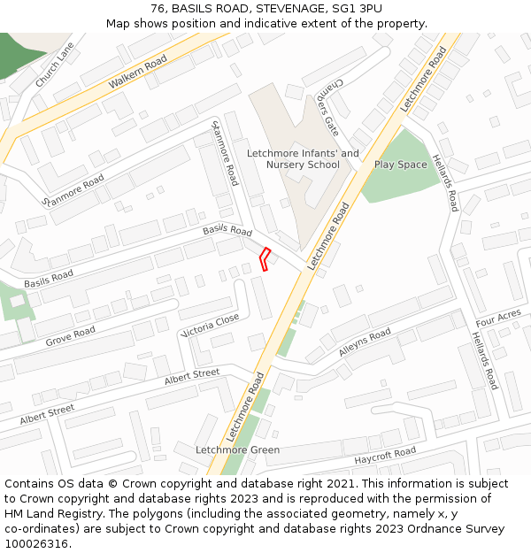 76, BASILS ROAD, STEVENAGE, SG1 3PU: Location map and indicative extent of plot