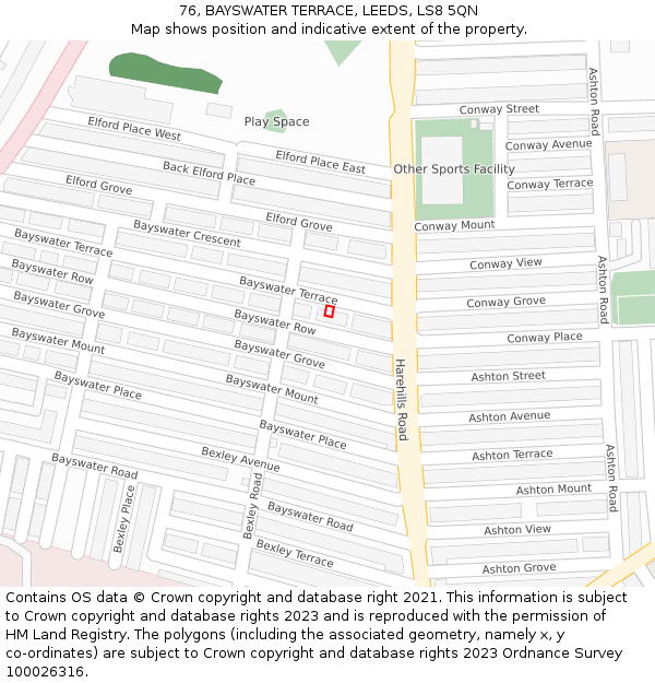 76, BAYSWATER TERRACE, LEEDS, LS8 5QN: Location map and indicative extent of plot