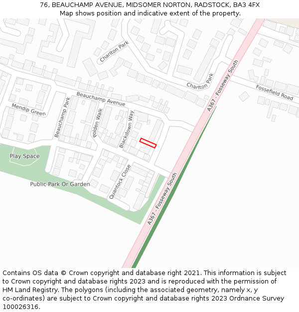76, BEAUCHAMP AVENUE, MIDSOMER NORTON, RADSTOCK, BA3 4FX: Location map and indicative extent of plot