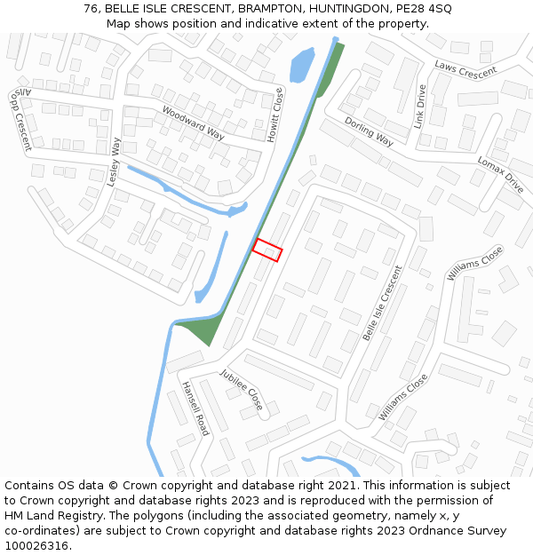76, BELLE ISLE CRESCENT, BRAMPTON, HUNTINGDON, PE28 4SQ: Location map and indicative extent of plot