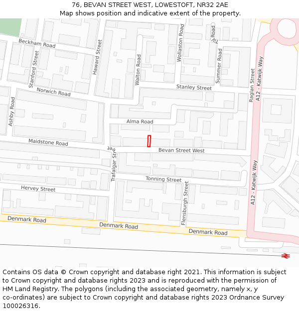 76, BEVAN STREET WEST, LOWESTOFT, NR32 2AE: Location map and indicative extent of plot
