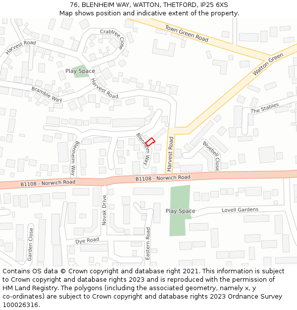 76, BLENHEIM WAY, WATTON, THETFORD, IP25 6XS: Location map and indicative extent of plot