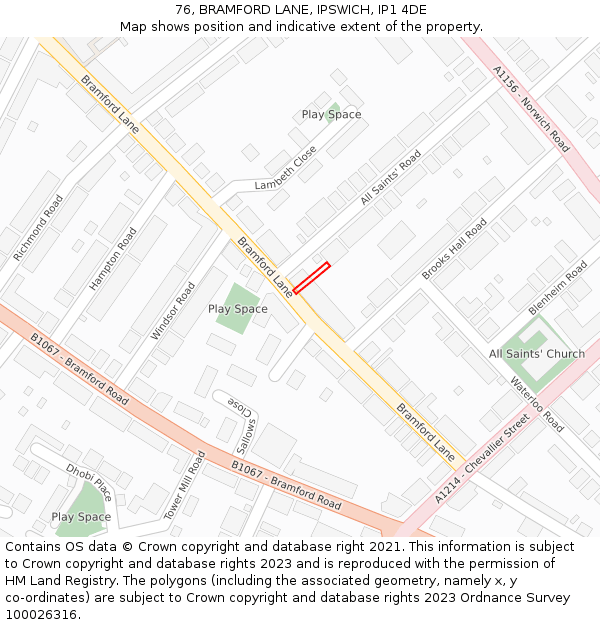 76, BRAMFORD LANE, IPSWICH, IP1 4DE: Location map and indicative extent of plot