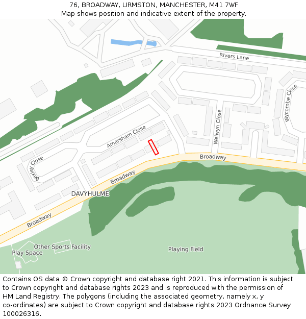 76, BROADWAY, URMSTON, MANCHESTER, M41 7WF: Location map and indicative extent of plot