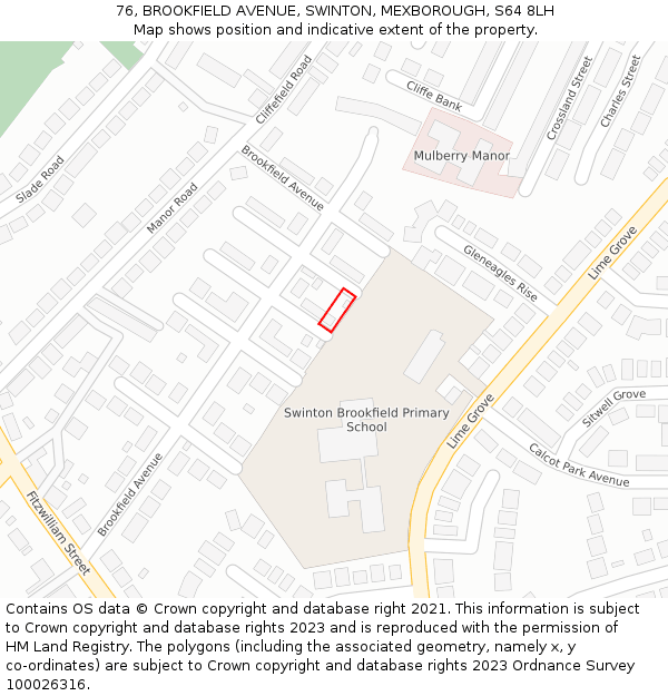 76, BROOKFIELD AVENUE, SWINTON, MEXBOROUGH, S64 8LH: Location map and indicative extent of plot
