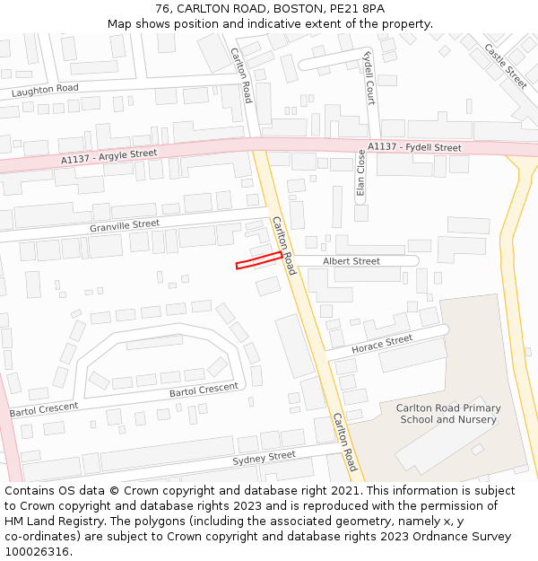 76, CARLTON ROAD, BOSTON, PE21 8PA: Location map and indicative extent of plot