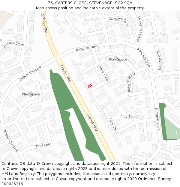 76, CARTERS CLOSE, STEVENAGE, SG2 9QA: Location map and indicative extent of plot