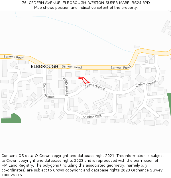 76, CEDERN AVENUE, ELBOROUGH, WESTON-SUPER-MARE, BS24 8PD: Location map and indicative extent of plot