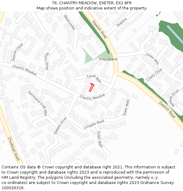 76, CHANTRY MEADOW, EXETER, EX2 8FR: Location map and indicative extent of plot