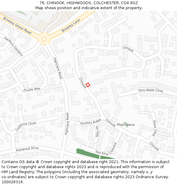 76, CHINOOK, HIGHWOODS, COLCHESTER, CO4 9SZ: Location map and indicative extent of plot