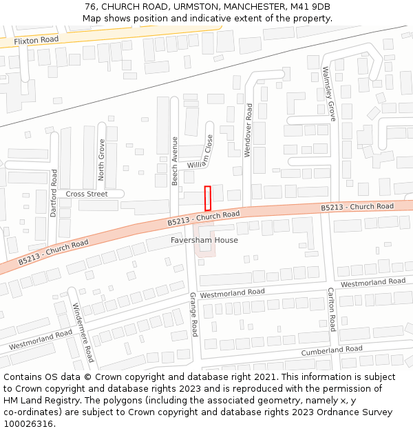 76, CHURCH ROAD, URMSTON, MANCHESTER, M41 9DB: Location map and indicative extent of plot