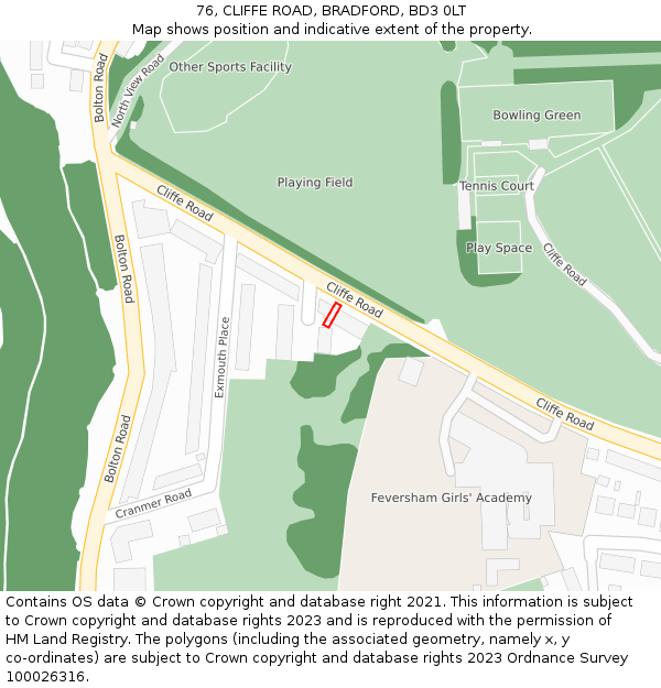 76, CLIFFE ROAD, BRADFORD, BD3 0LT: Location map and indicative extent of plot