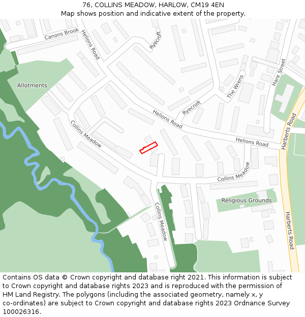 76, COLLINS MEADOW, HARLOW, CM19 4EN: Location map and indicative extent of plot