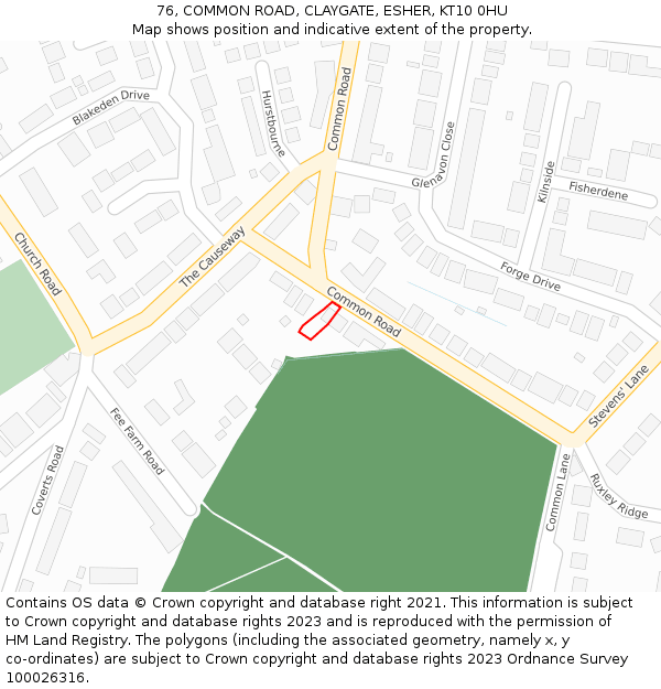 76, COMMON ROAD, CLAYGATE, ESHER, KT10 0HU: Location map and indicative extent of plot