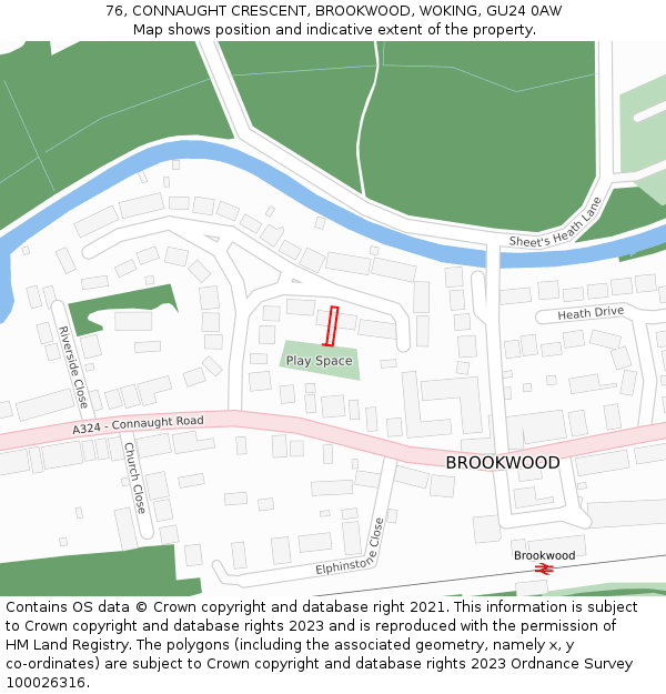76, CONNAUGHT CRESCENT, BROOKWOOD, WOKING, GU24 0AW: Location map and indicative extent of plot