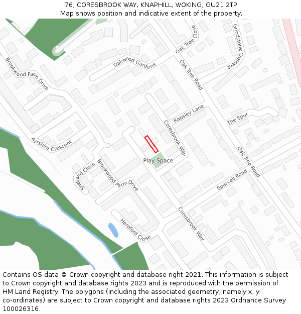 76, CORESBROOK WAY, KNAPHILL, WOKING, GU21 2TP: Location map and indicative extent of plot