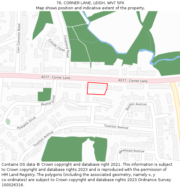 76, CORNER LANE, LEIGH, WN7 5PX: Location map and indicative extent of plot