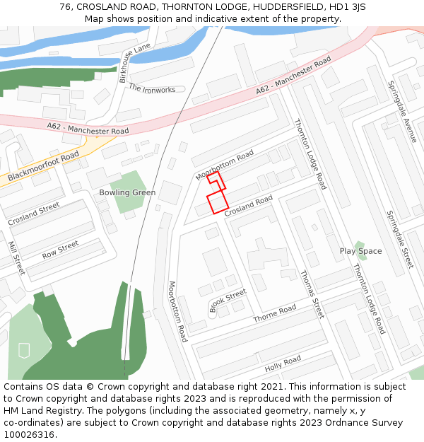 76, CROSLAND ROAD, THORNTON LODGE, HUDDERSFIELD, HD1 3JS: Location map and indicative extent of plot