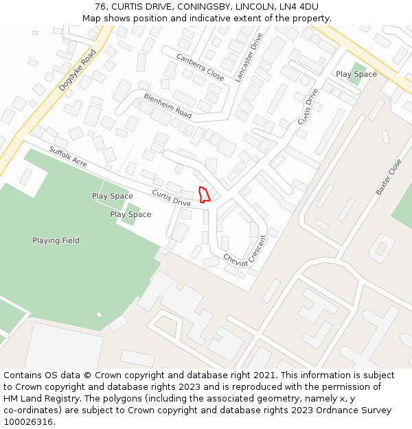 76, CURTIS DRIVE, CONINGSBY, LINCOLN, LN4 4DU: Location map and indicative extent of plot