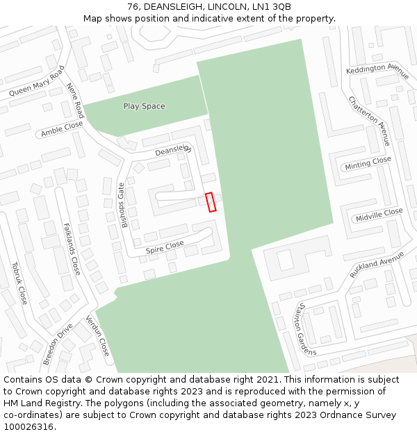 76, DEANSLEIGH, LINCOLN, LN1 3QB: Location map and indicative extent of plot