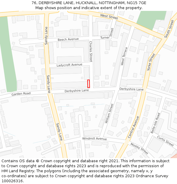76, DERBYSHIRE LANE, HUCKNALL, NOTTINGHAM, NG15 7GE: Location map and indicative extent of plot
