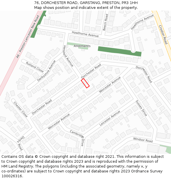 76, DORCHESTER ROAD, GARSTANG, PRESTON, PR3 1HH: Location map and indicative extent of plot