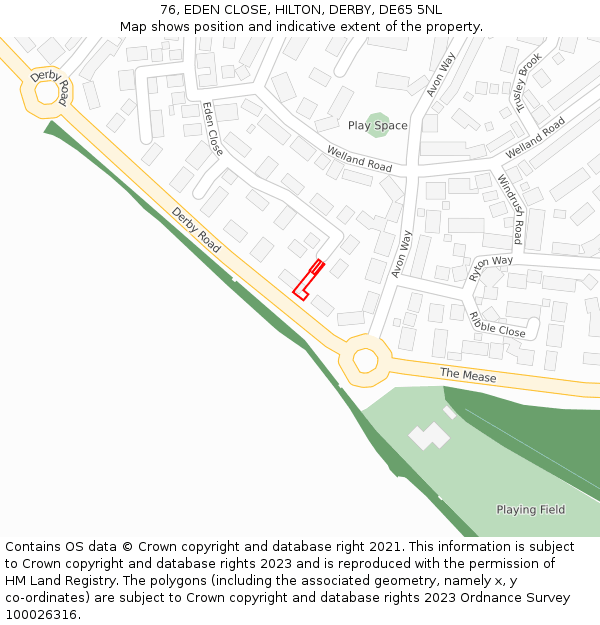 76, EDEN CLOSE, HILTON, DERBY, DE65 5NL: Location map and indicative extent of plot