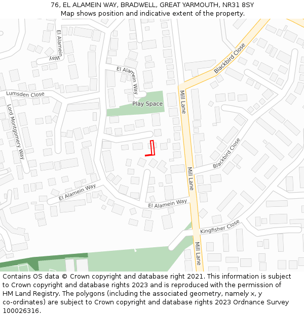 76, EL ALAMEIN WAY, BRADWELL, GREAT YARMOUTH, NR31 8SY: Location map and indicative extent of plot