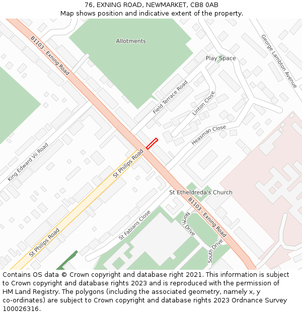 76, EXNING ROAD, NEWMARKET, CB8 0AB: Location map and indicative extent of plot