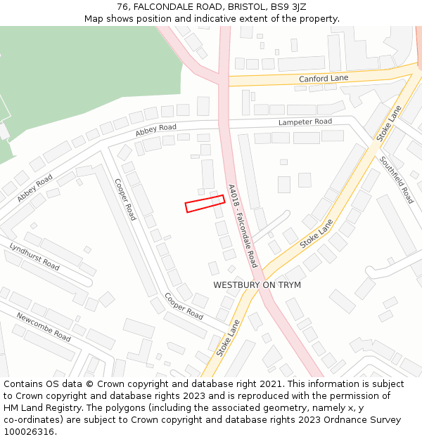 76, FALCONDALE ROAD, BRISTOL, BS9 3JZ: Location map and indicative extent of plot
