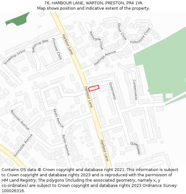 76, HARBOUR LANE, WARTON, PRESTON, PR4 1YA: Location map and indicative extent of plot