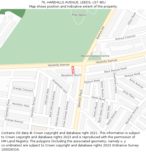 76, HAREHILLS AVENUE, LEEDS, LS7 4EU: Location map and indicative extent of plot