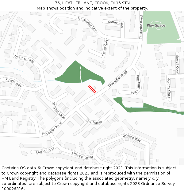 76, HEATHER LANE, CROOK, DL15 9TN: Location map and indicative extent of plot
