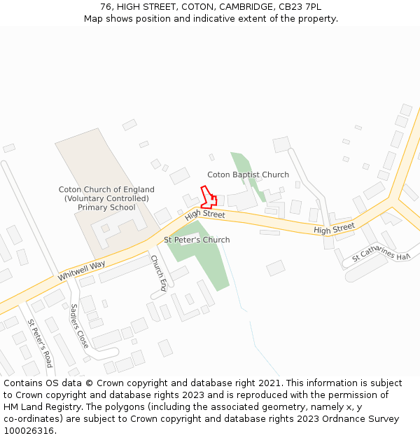76, HIGH STREET, COTON, CAMBRIDGE, CB23 7PL: Location map and indicative extent of plot