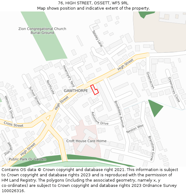 76, HIGH STREET, OSSETT, WF5 9RL: Location map and indicative extent of plot
