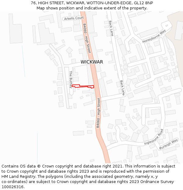 76, HIGH STREET, WICKWAR, WOTTON-UNDER-EDGE, GL12 8NP: Location map and indicative extent of plot