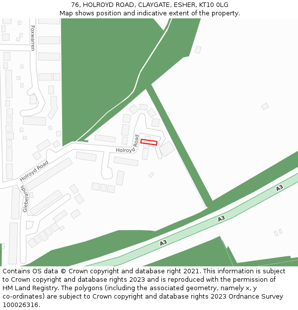 76, HOLROYD ROAD, CLAYGATE, ESHER, KT10 0LG: Location map and indicative extent of plot