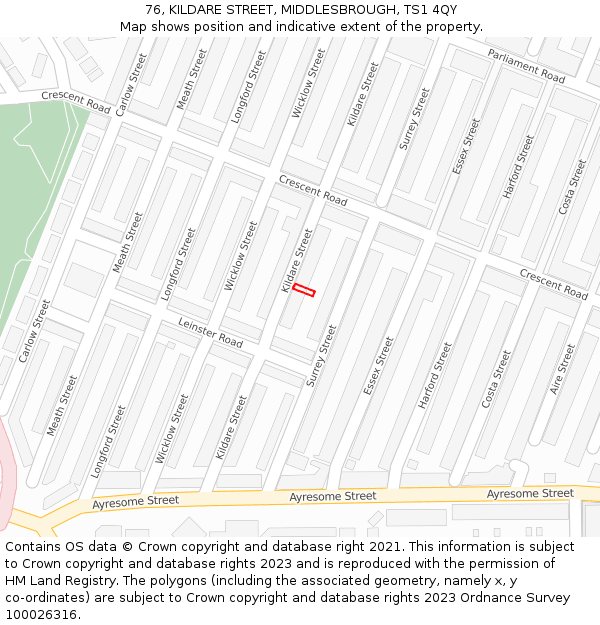 76, KILDARE STREET, MIDDLESBROUGH, TS1 4QY: Location map and indicative extent of plot