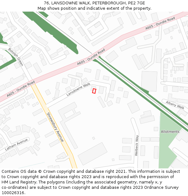76, LANSDOWNE WALK, PETERBOROUGH, PE2 7GE: Location map and indicative extent of plot
