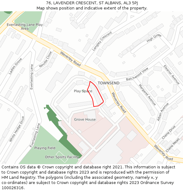 76, LAVENDER CRESCENT, ST ALBANS, AL3 5PJ: Location map and indicative extent of plot