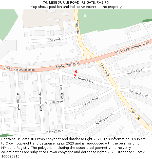 76, LESBOURNE ROAD, REIGATE, RH2 7JX: Location map and indicative extent of plot