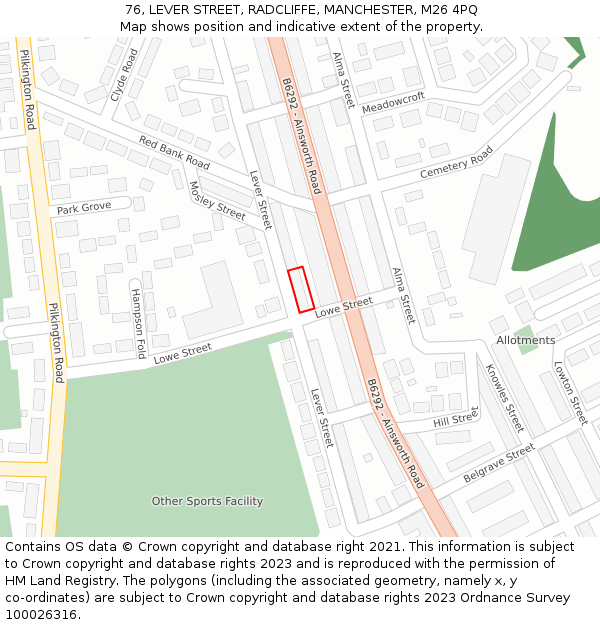 76, LEVER STREET, RADCLIFFE, MANCHESTER, M26 4PQ: Location map and indicative extent of plot