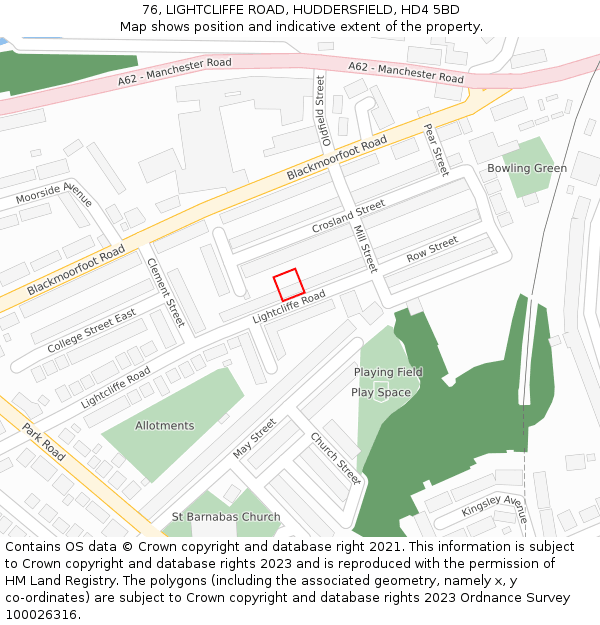 76, LIGHTCLIFFE ROAD, HUDDERSFIELD, HD4 5BD: Location map and indicative extent of plot