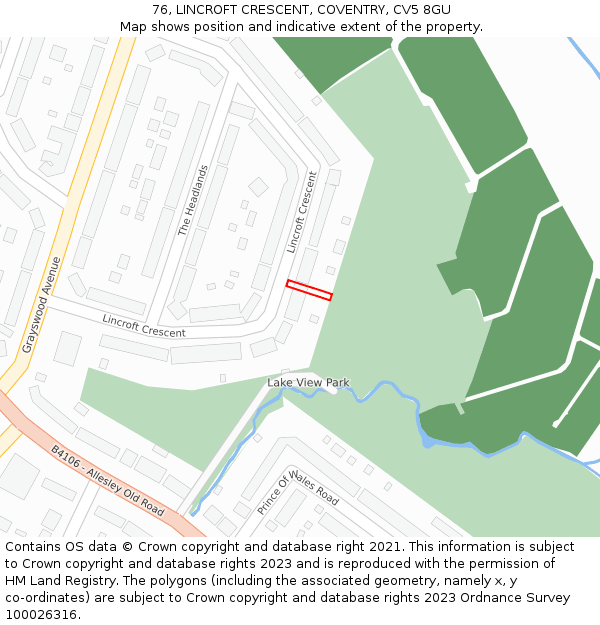 76, LINCROFT CRESCENT, COVENTRY, CV5 8GU: Location map and indicative extent of plot