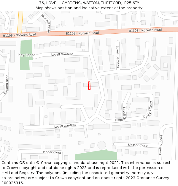 76, LOVELL GARDENS, WATTON, THETFORD, IP25 6TY: Location map and indicative extent of plot