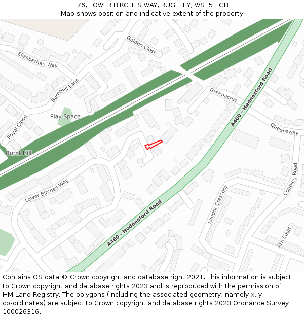 76, LOWER BIRCHES WAY, RUGELEY, WS15 1GB: Location map and indicative extent of plot