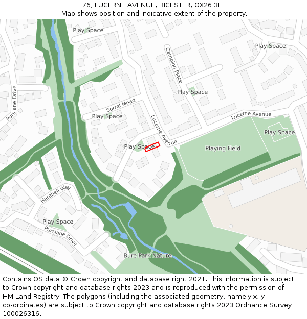 76, LUCERNE AVENUE, BICESTER, OX26 3EL: Location map and indicative extent of plot
