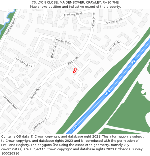 76, LYON CLOSE, MAIDENBOWER, CRAWLEY, RH10 7NE: Location map and indicative extent of plot