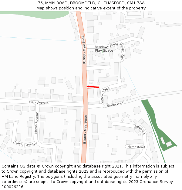 76, MAIN ROAD, BROOMFIELD, CHELMSFORD, CM1 7AA: Location map and indicative extent of plot